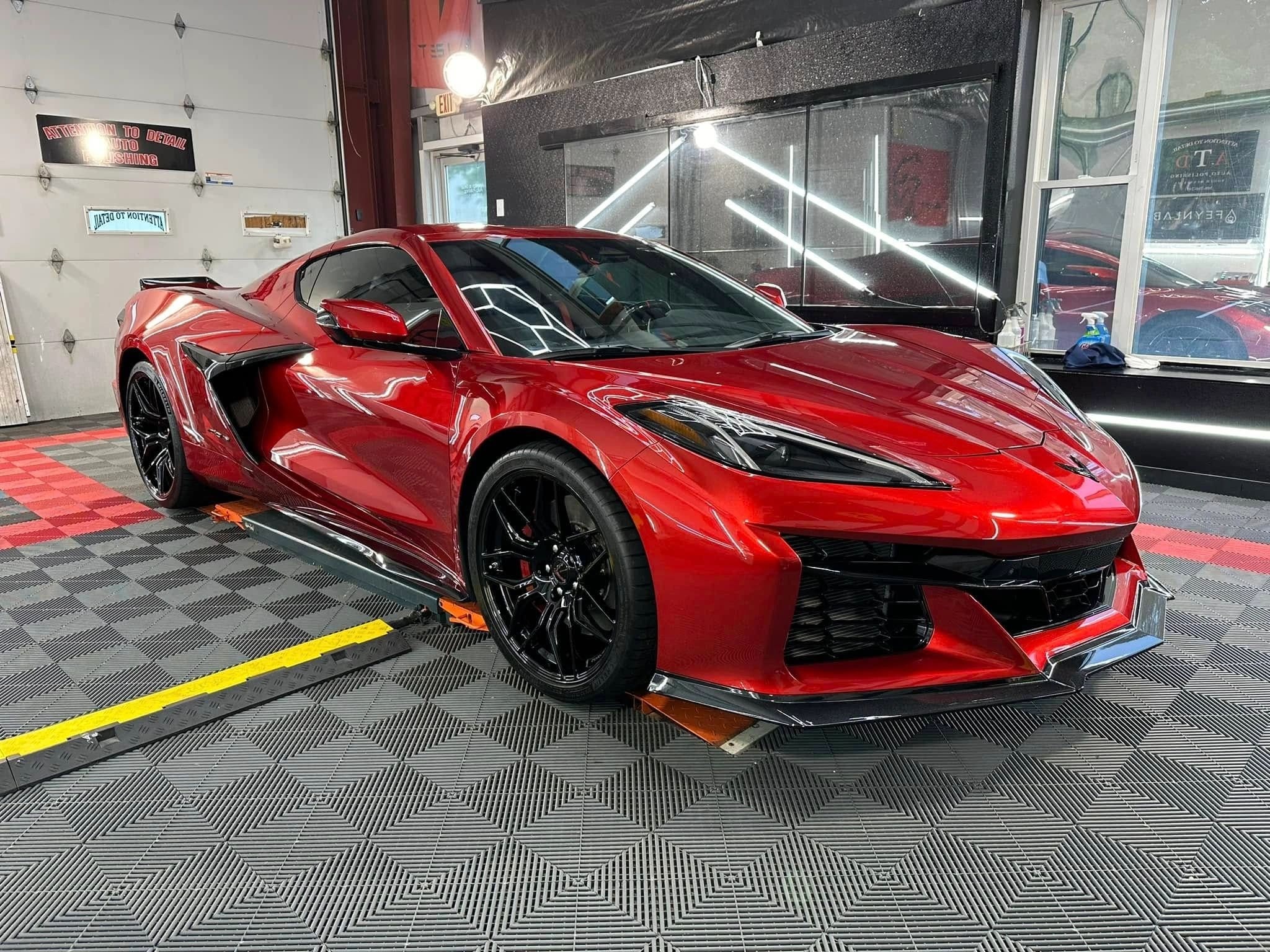 Red C8 Corvette Z06 in ATD shop